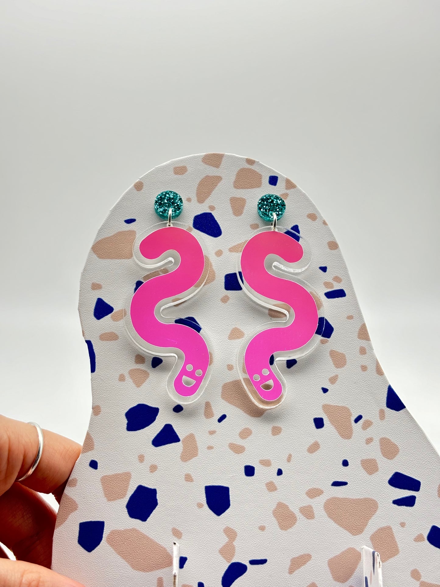 Vinyl Worm Glitter Stud Dangle Earrings - Teal & Candy Aurora image 4