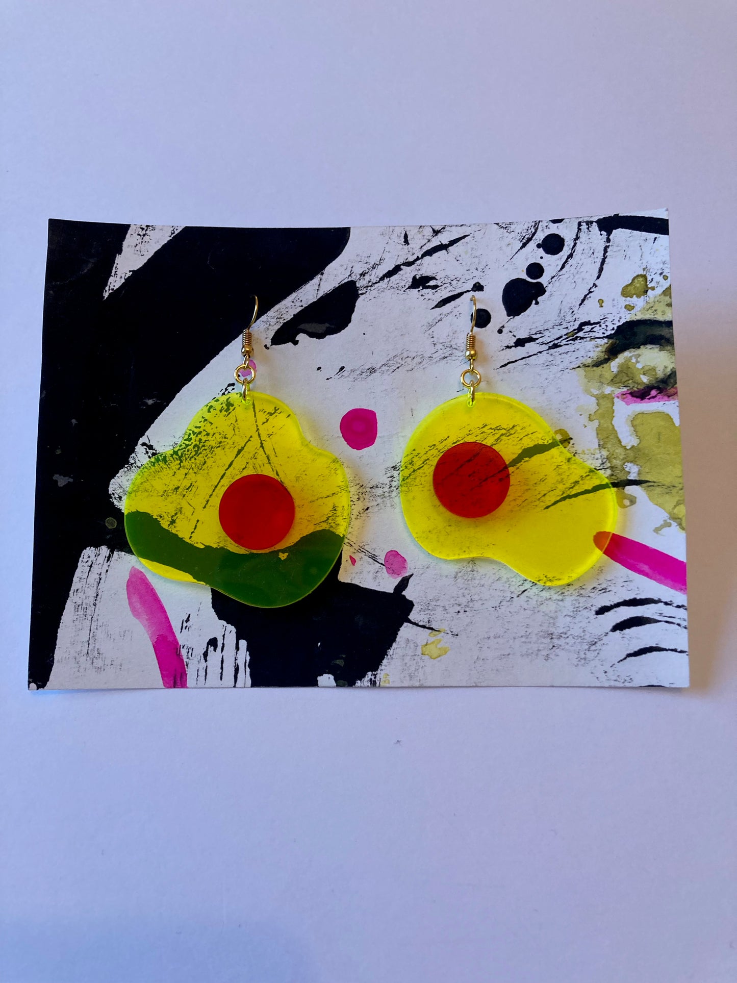 Neon Fluorescent Fried Egg Earrings - Big Yellow & Pink Eggs image 2