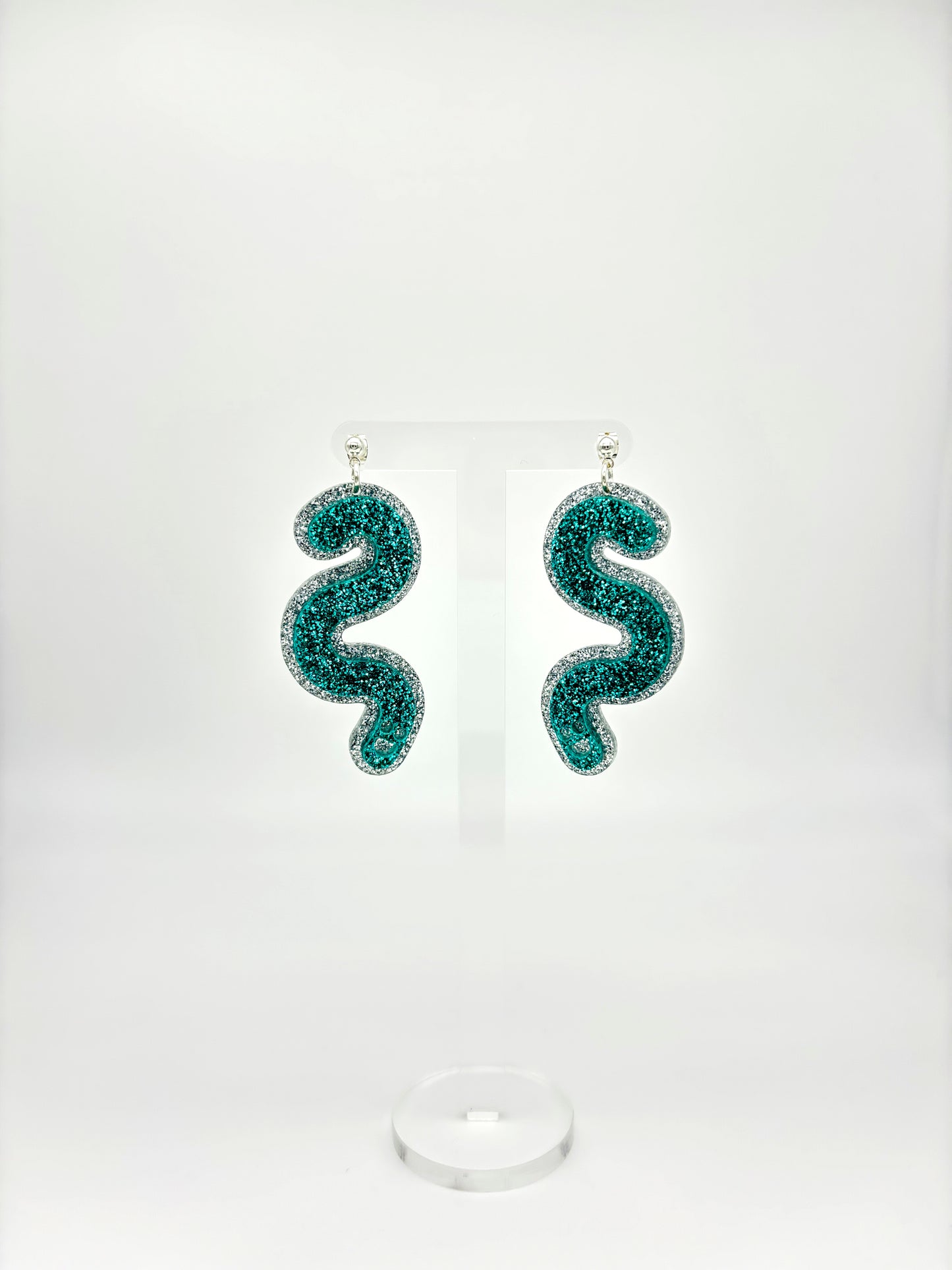 Layered Silver & Teal Glitter Acrylic Worm Ball Stud Earrings image 5