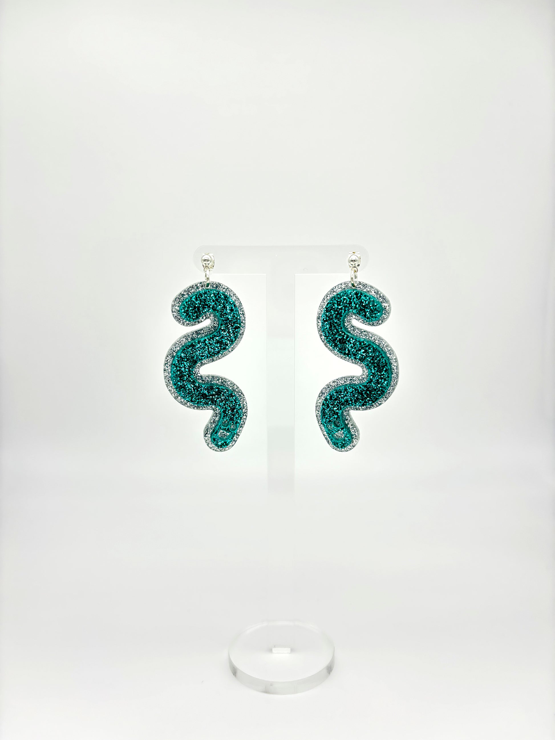 Layered Silver & Teal Glitter Acrylic Worm Ball Stud Earrings image 5