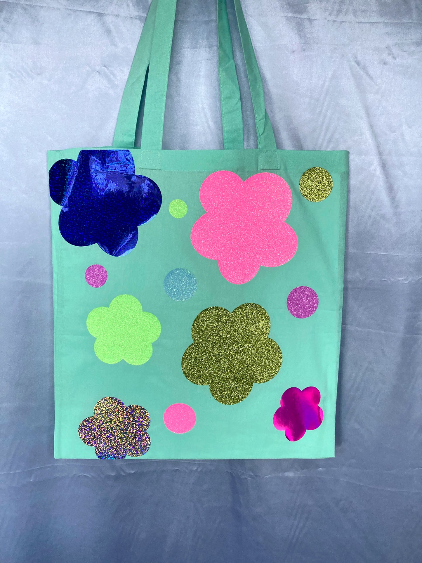 Disco Glitter Flower Teal Tote Bag image 5