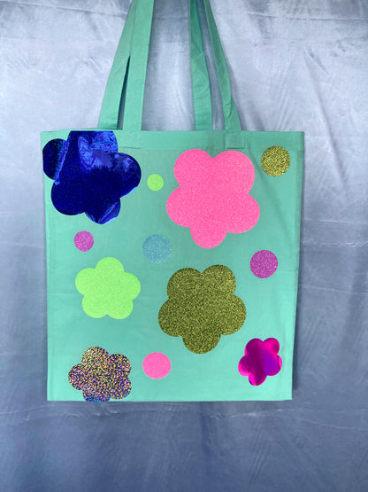 Disco Glitter Flower Teal Tote Bag image 5