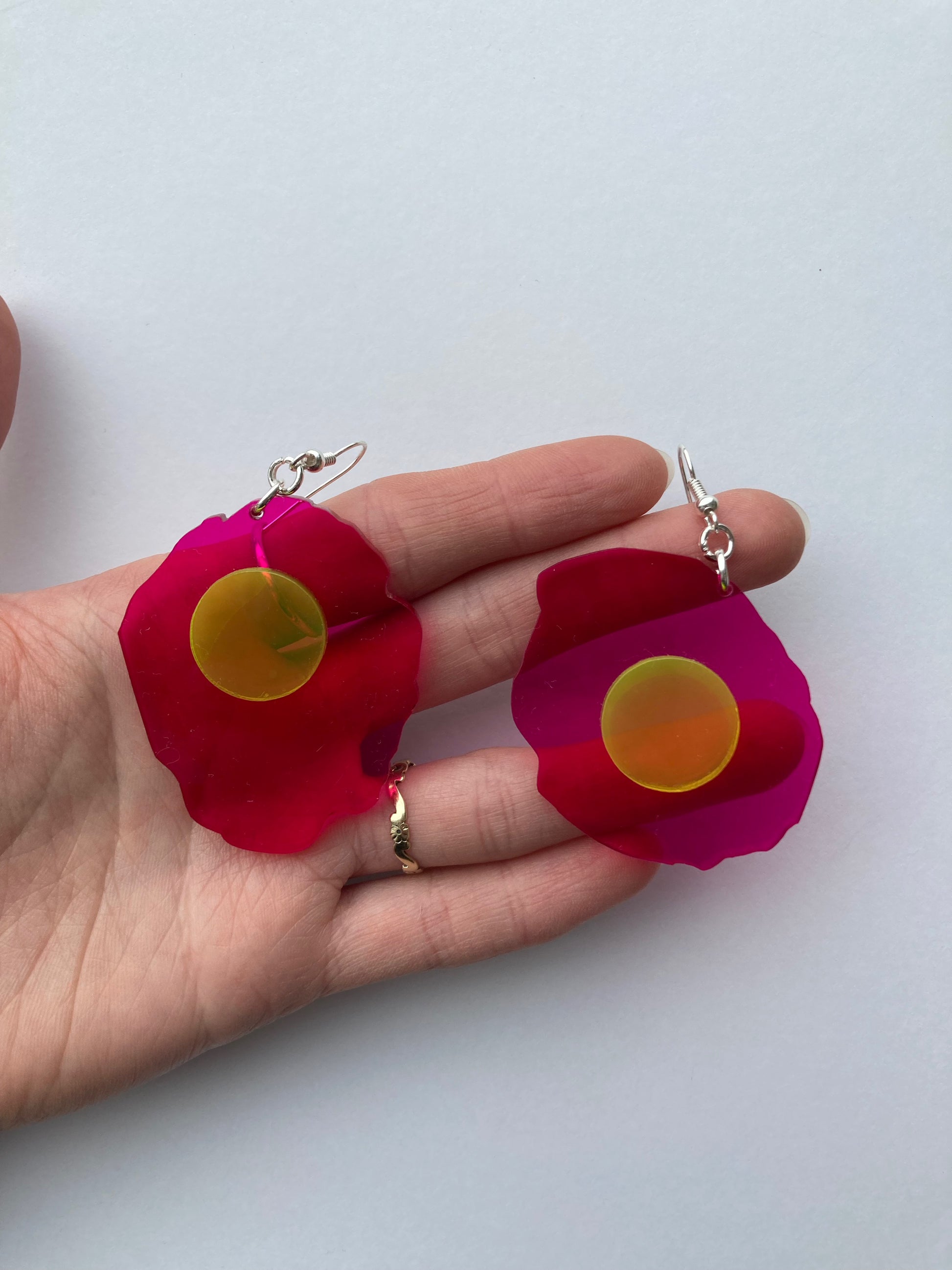 Neon Fluorescent Fried Egg Earrings - Big Pink Wiggly Eggs image 7