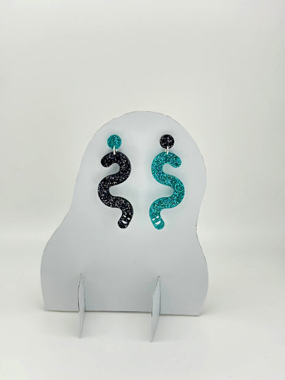 Glitter Worm Contrast Earrings - Teal & Black image 1