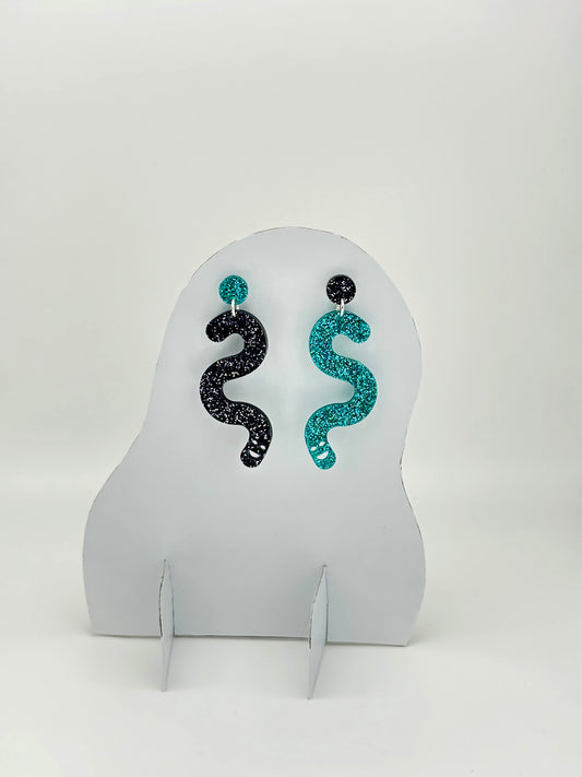 Glitter Worm Contrast Earrings - Teal & Black image 1