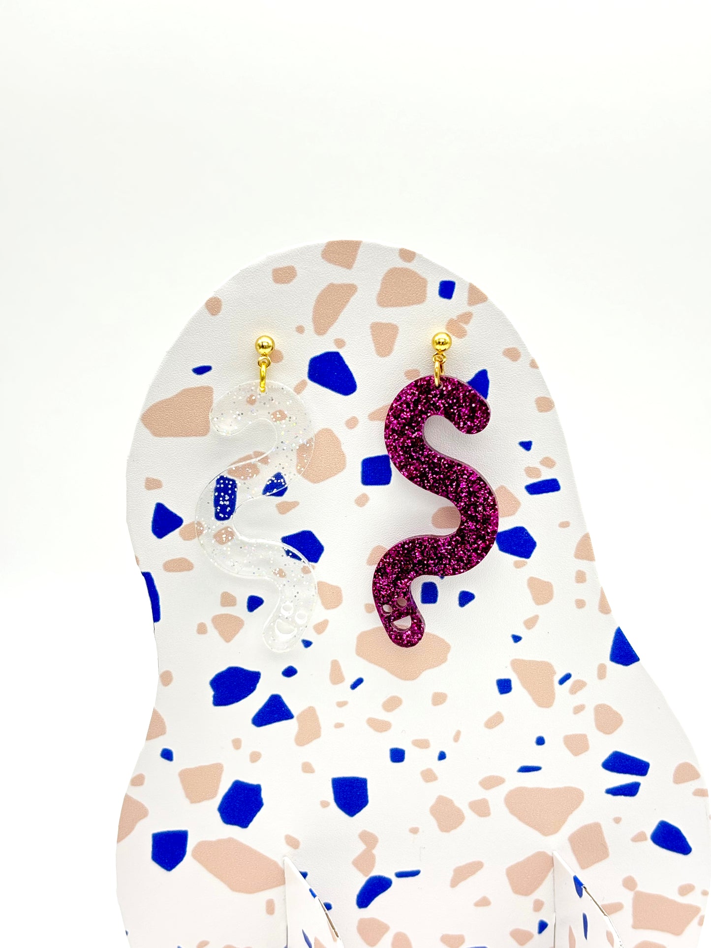 Glitter Worm Contrast Earrings - Magenta & Clear Holo Glitter image 0