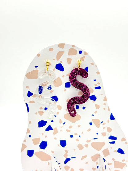 Glitter Worm Contrast Earrings - Magenta & Clear Holo Glitter image 0