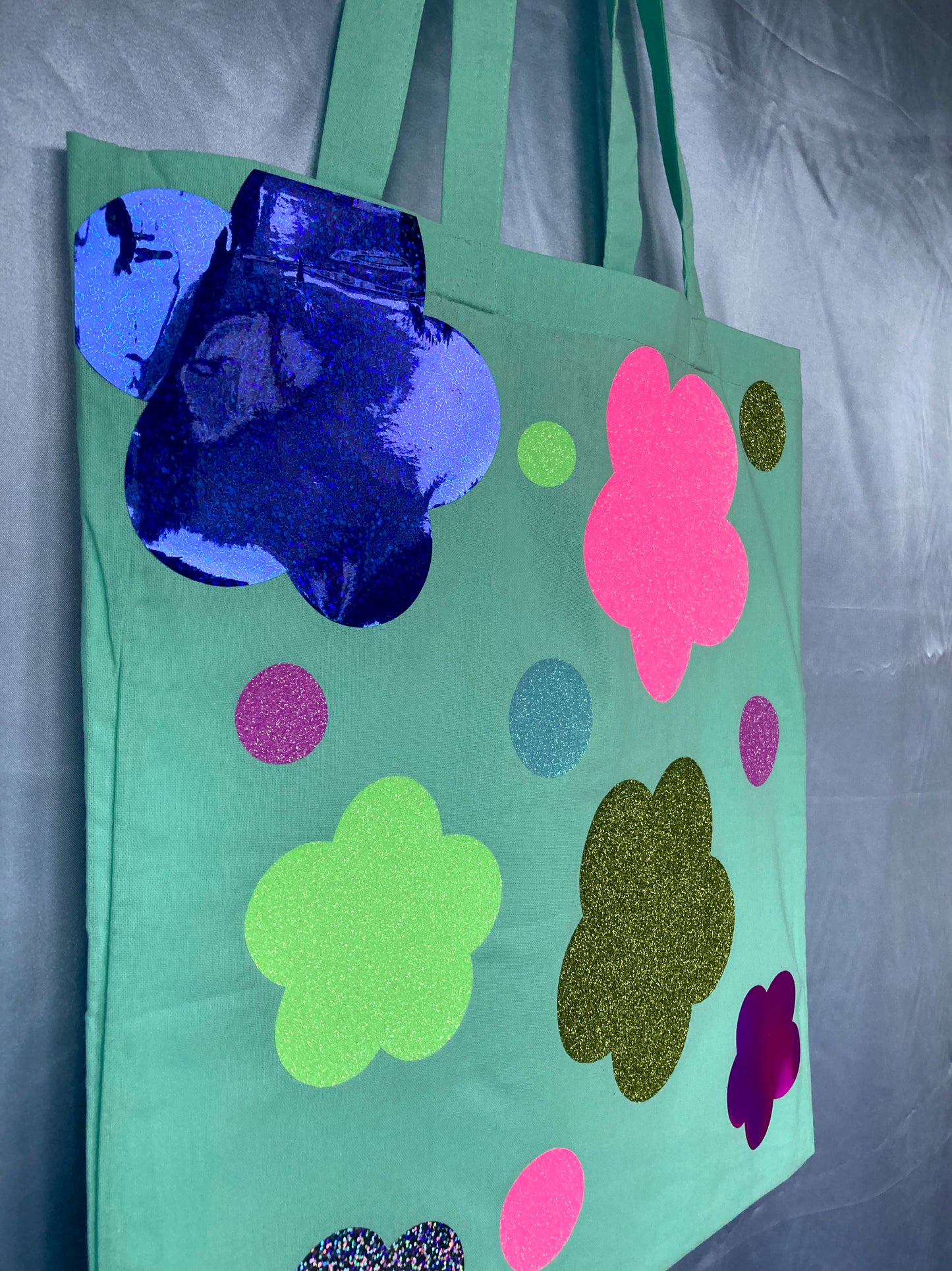 Disco Glitter Flower Teal Tote Bag image 6