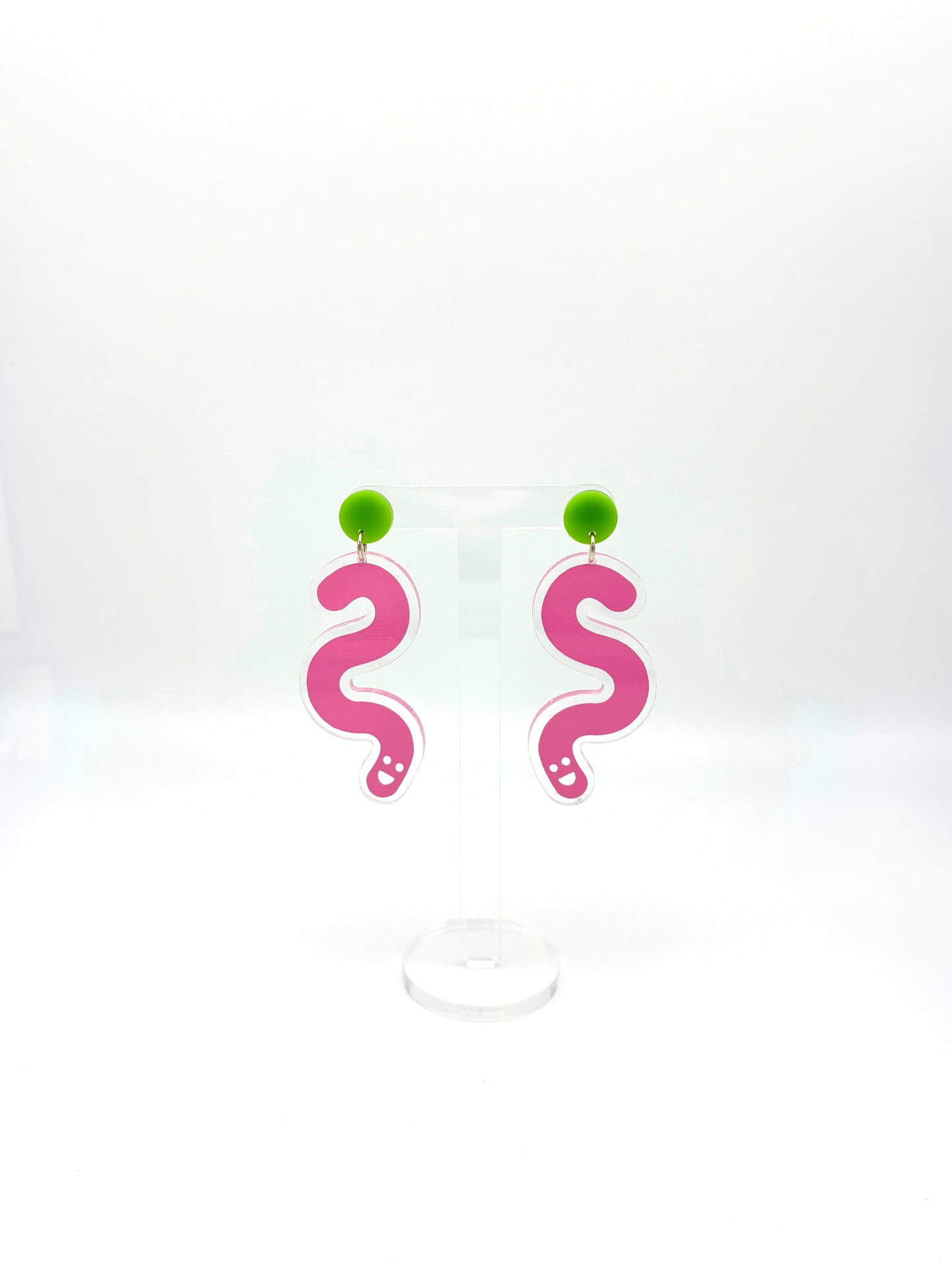 Vinyl Worm Stud Dangle Earrings - Green & Baby Pink image 3