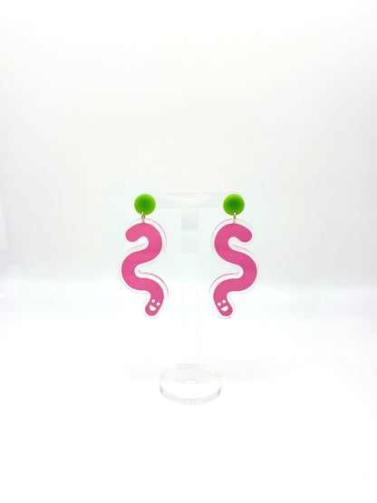 Vinyl Worm Stud Dangle Earrings - Green & Baby Pink image 3