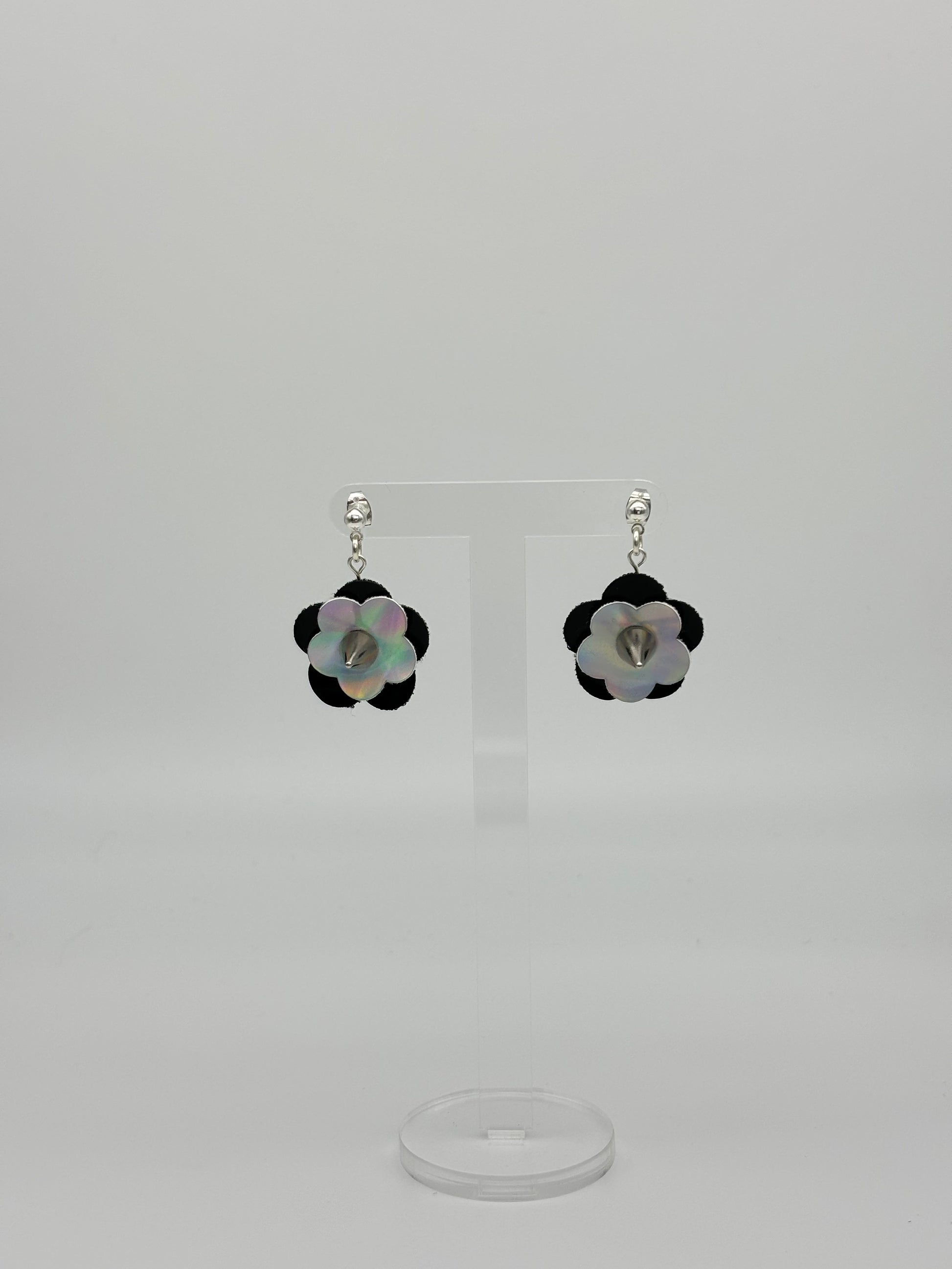 Mini Punk Flower Earrings - Black & Silver Holo, Silver Spikes image 3