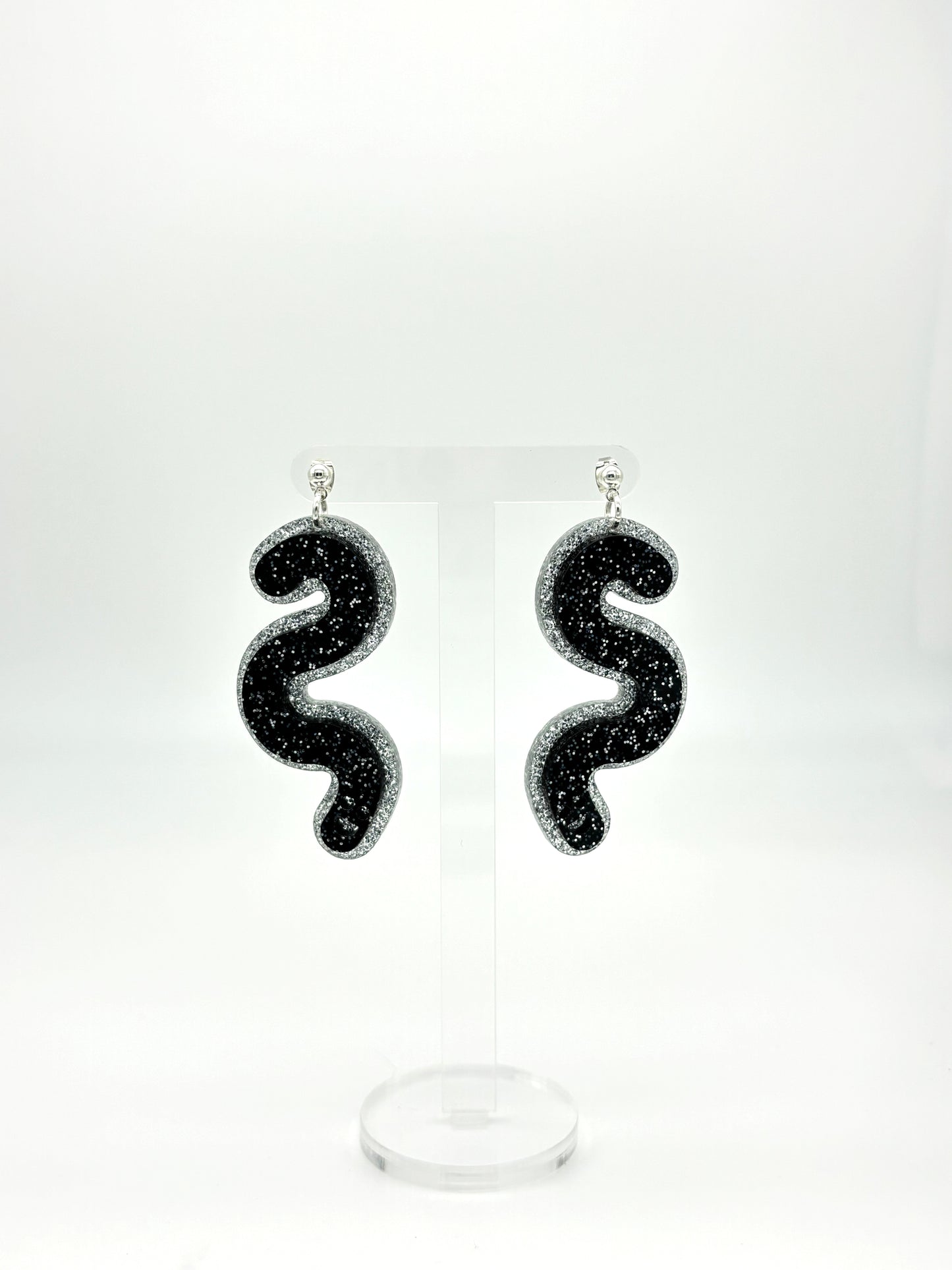 Layered Silver & Black Glitter Acrylic Worm Ball Stud Earrings image 0