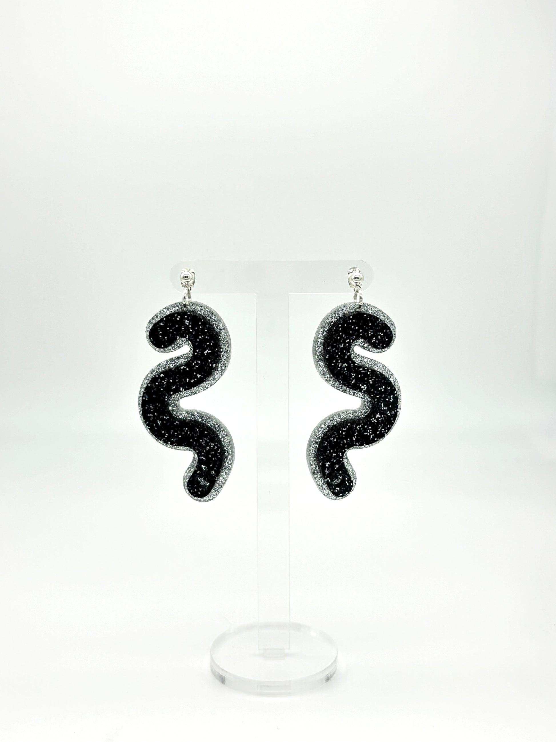 Layered Silver & Black Glitter Acrylic Worm Ball Stud Earrings image 0