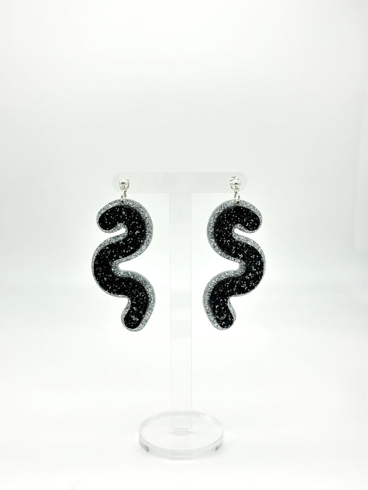 Layered Silver & Black Glitter Acrylic Worm Ball Stud Earrings image 0