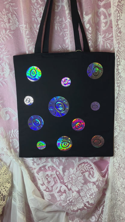 Silver Holographic Eyeball Black Tote Bag